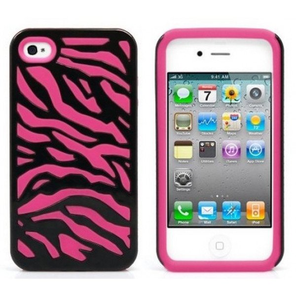 Wholesale iPhone 4 4S Zebra Hybrid Case (Black-Hot Pink)